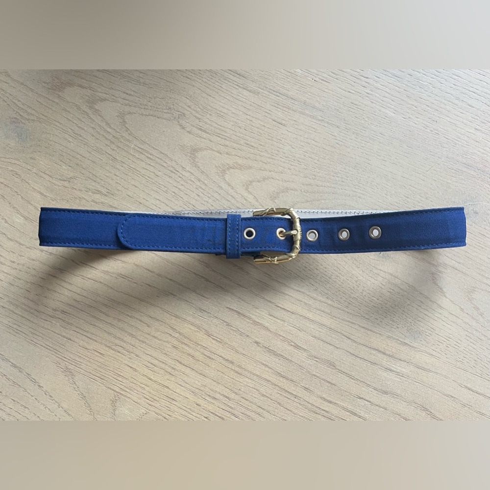 AUTHENTIC EMILIO PUCCI Gold Buckle Waist Belt Leather Trim Blue Size XS-S